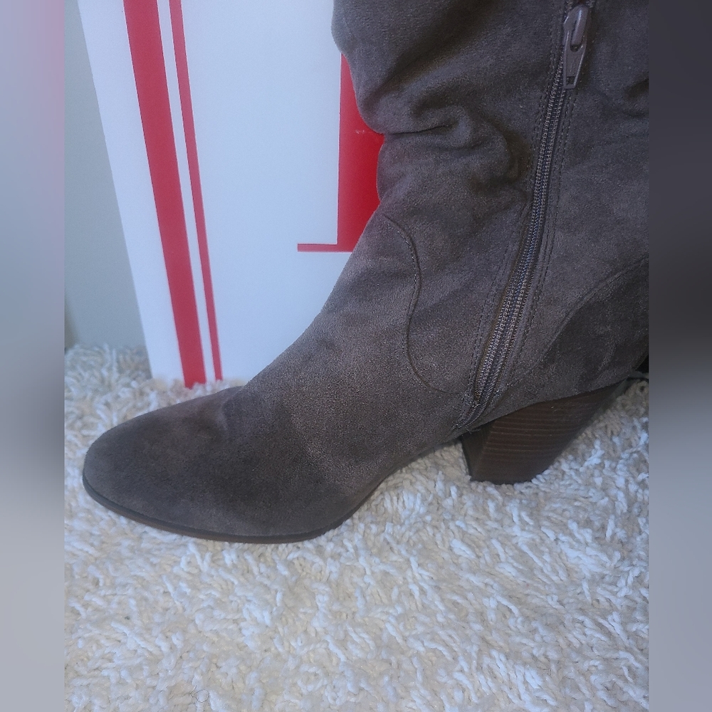 Merona Taupe Suede Slouchy Mid-Calf Heeled Boots - Picture 3 of 9